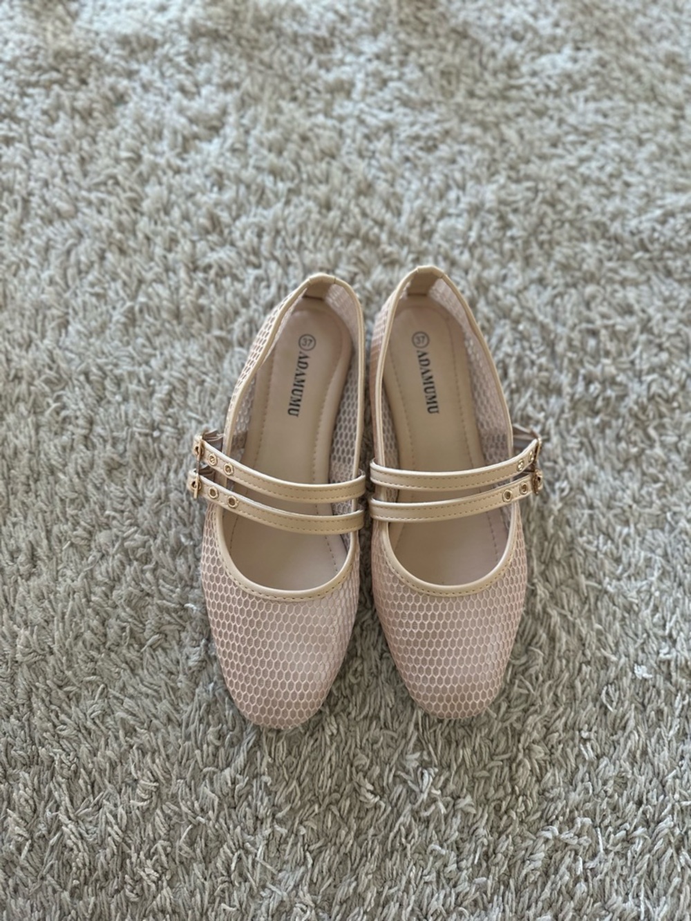 Cream Mesh Mary Jane flats with gold buckles
